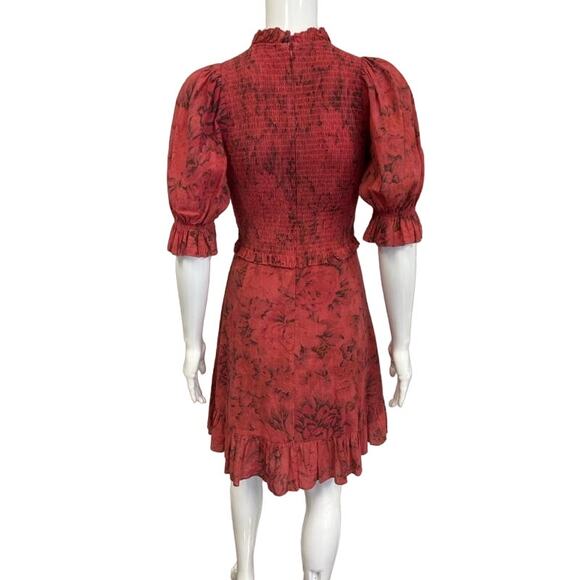 SEA NEW YORK Red Floral Mimi Puffed Ruffle Sleeves Knee-Length Smoked Dress 2 - Picture 2 of 4